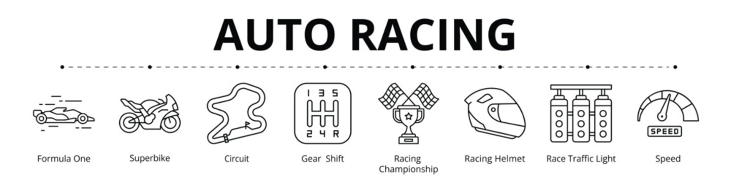 Auto Racing Line Banner Web Icon Set Vector Illustration, Formula One Superbike Circuit Gear Shift Championship Racing Helmet Race Traffic Light Speed