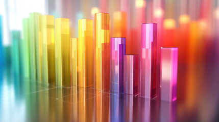 Colorful 3D bar graphs with data charts, representing business analytics, statistics, financial growth, and market analysis.