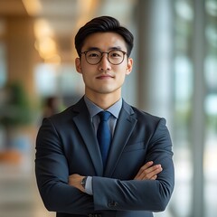 Fototapeta premium Confident Businessman in Formal Suit Posing Seriously for Professional Financial Photo