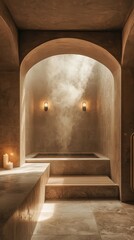 A serene and minimalist bathroom interior featuring warm lighting, smooth textures, and a calming atmosphere for relaxation.