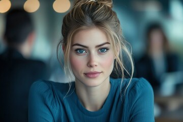 Obraz premium Close-up Portrait of a Woman with Blonde Hair and Blue Eyes