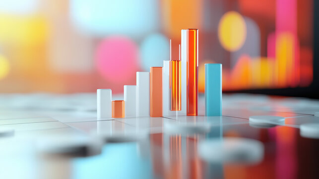 Colorful 3D bar graphs with data charts, representing business analytics, statistics, financial growth, and market analysis.