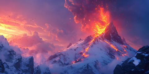 Fototapeta premium Majestic Volcano Eruption on Snowy Mountain at Dusk