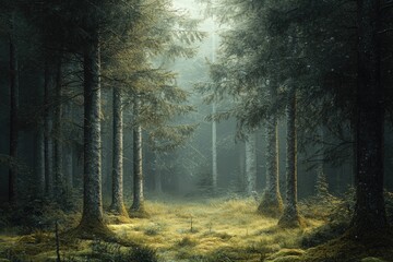 Fototapeta premium A Mystical Path Through a Foggy Evergreen Forest