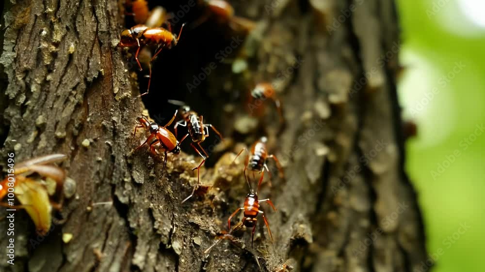 Poster camera movement slow pan across bark, dappled forest light, macro video of ants building nest in tre