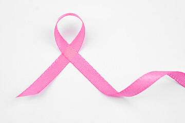 Pink ribbon symbolizing awareness for breast cancer on a plain background