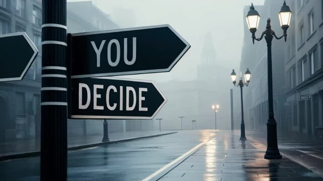 A foggy urban street at dusk features a signpost with 'You Decide' amidst empty sidewalks, evoking a contemplative mood created with generative ai