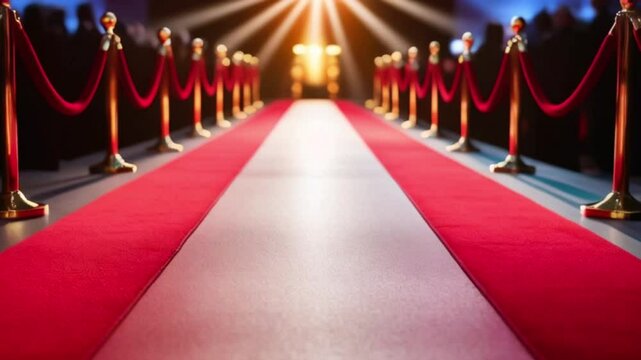 A glamorous red carpet lined with velvet ropes, inviting attendees to a prestigious event under warm spotlight illumination created with generative ai
