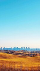 A serene skyline view over golden fields under a clear blue sky, capturing the essence of nature and urban harmony.