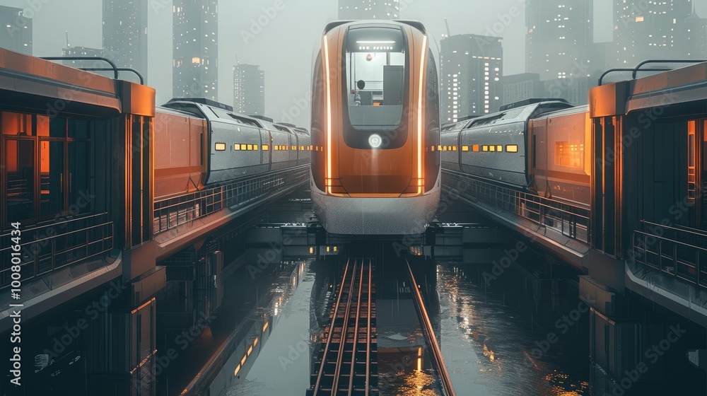 Poster Magnetic railway urban, futuristic container style structure.