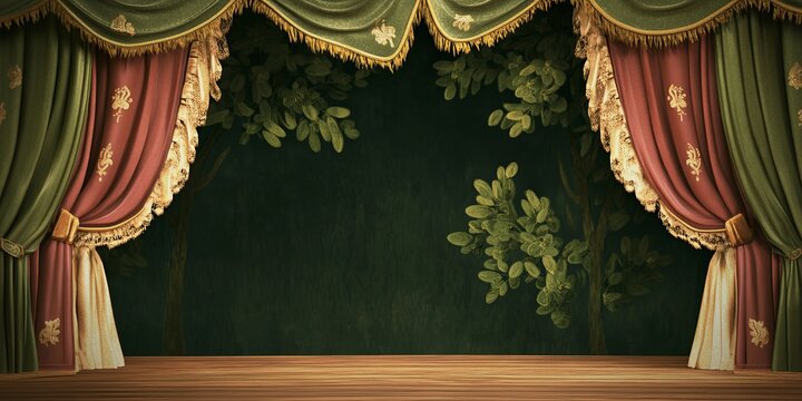A classic theater stage with ornate curtains and a painted backdrop, ready for a performance.