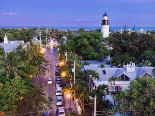 Key West Lighthouse and residential homes in Key West, Florida, United States.