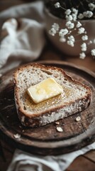 A slice of whole grain bread topped with a pat of butter and honey, presented on a rustic wooden plate.