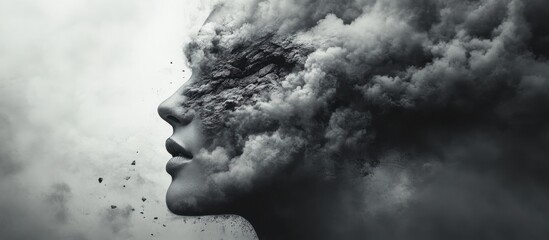 A woman's face obscured by swirling clouds, suggesting a sense of mystery or hidden emotions.