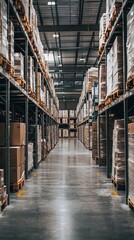 A spacious warehouse corridor filled with neatly stacked boxes on shelves, showcasing an organized storage environment.