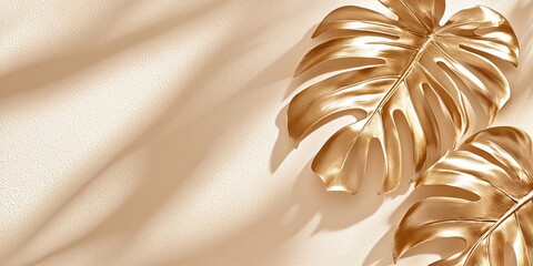 **Description:** Two gold leaves on a soft beige background create an elegant, minimalist aesthetic with graceful shadows.