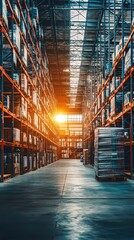 Obraz premium A spacious warehouse interior with illuminated shelves, showcasing organized pallets and a glowing sunset in the background.