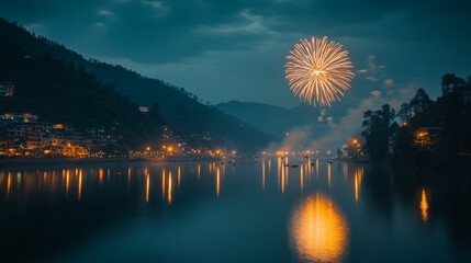 An empty scene featuring traditional Kullu Dussehra fireworks reflected over a calm river, creating an ideal product mockup space, 