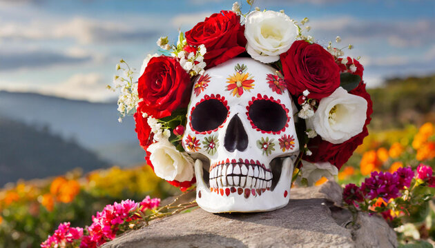 Cabeza de Katrina en el campo.Calavera tatuada para el día de los muertos
