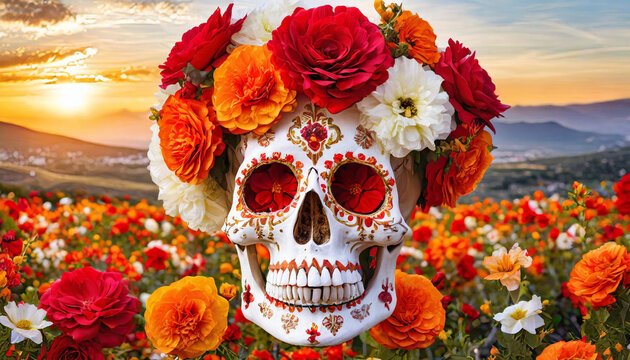 Cabeza de Katrina en el campo.Calavera tatuada para el día de los muertos