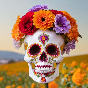 Cabeza de Katrina flotando en el campo. Calavera tatuada para el día de los muertos