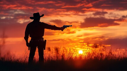A lone cowboy stands in a field at sunset, holding a gun.