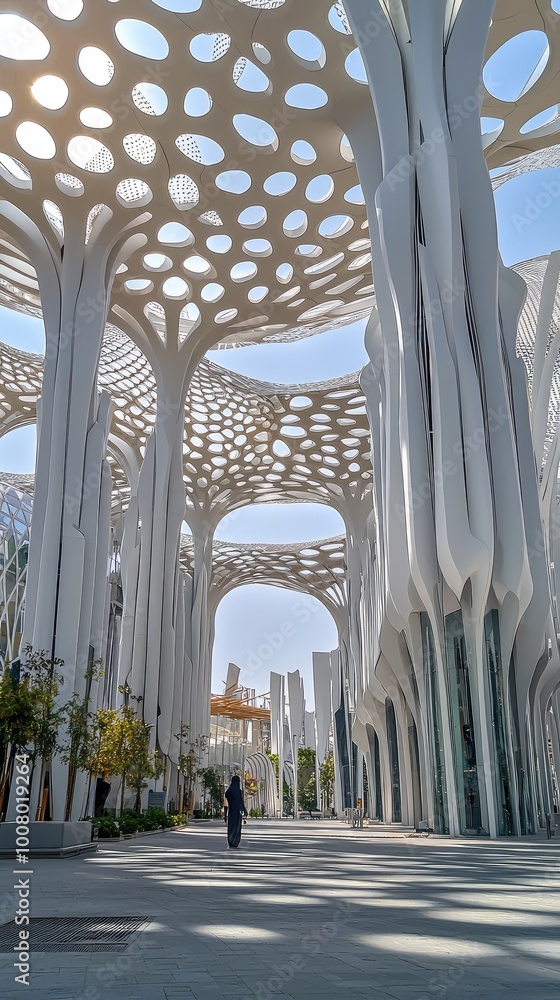 Poster a stunning architectural view showcasing intricate patterns and modern design in a spacious urban en