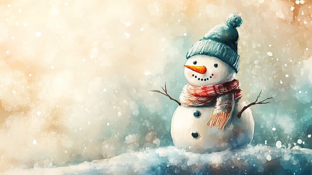 Snowman in a watercolor style, with a hat, scarf, snow hill, and pine tree in a winter setting