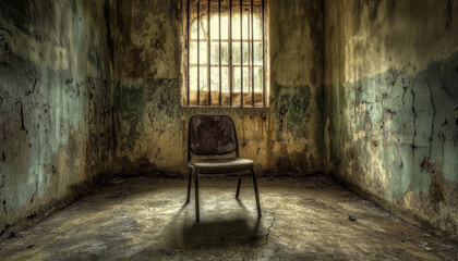 A solitary chair sits in a dilapidated room, emphasizing themes of isolation and abandonment.