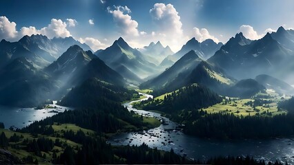 landscape in the morning on mountains and river