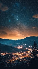 A stunning night scene capturing a starry sky over a glowing city nestled in the mountains, showcasing nature's beauty and tranquility.