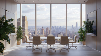 Obraz premium A modern meeting room interior featuring a stylish table and chairs, designed for luxury and comfort, with large windows that allow natural light to fill the space