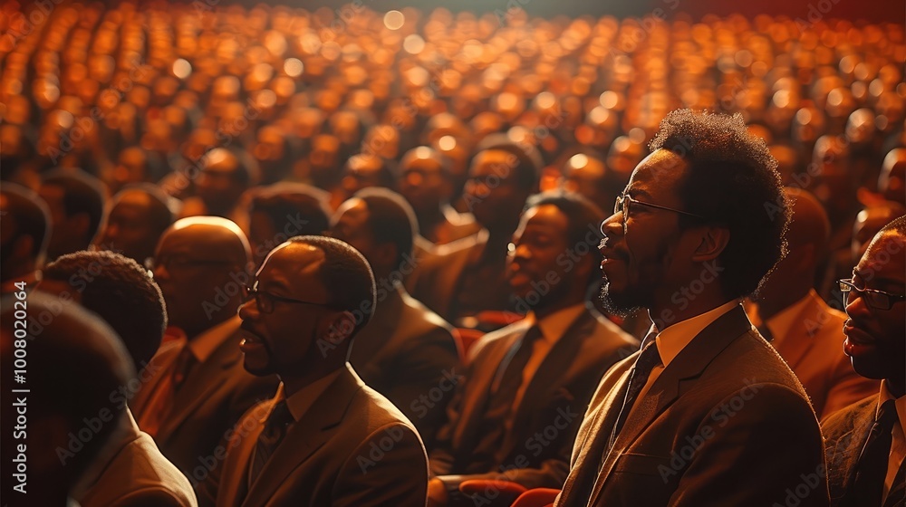 Aufkleber a large audience of happy black american people in the auditorium, during an event at which one pers
