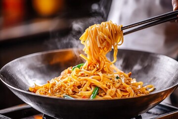 A wok in mid-flip as a chef tosses the Pad Thai noodles, ensuring the perfect balance of texture and flavor in the stir-fry process