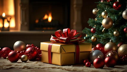 Golden color christmas gift box with balls near christmas tree