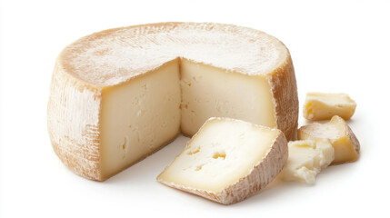 Photo of delicious Emmenthal cheese, cut in half with holes visible inside on a white background