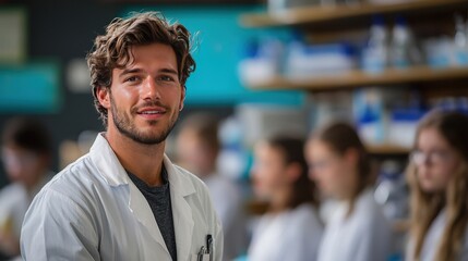 Engaging young scientist smiling in a lab filled with fellow researchers at a vibrant educational facility