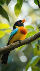 Naklejka premium A vibrant bird perched on a branch, showcasing colorful plumage against a blurred green backdrop in a serene forest.