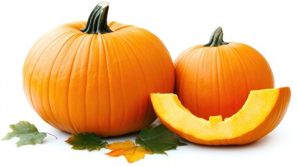 A freshly picked Halloween pumpkin with green leaves, isolated on a white background, highlighting its natural beauty and autumnal appeal.