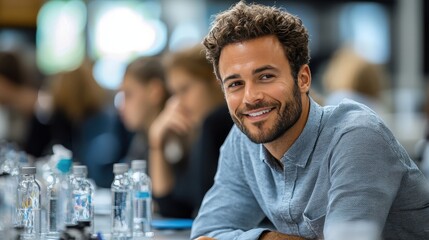 Engaging young man smiles during a collaborative brainstorming session in a modern workspace filled with colleagues