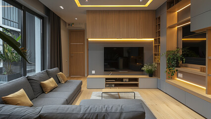 TV partition table with a height below the ceiling in a living room with an open entrance on one side, gray L-shaped sofa, wooden floor.