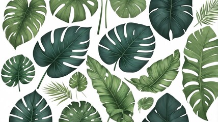 Obraz premium Lush green tropical leaves in a seamless pattern, isolated on a solid background for a fresh look