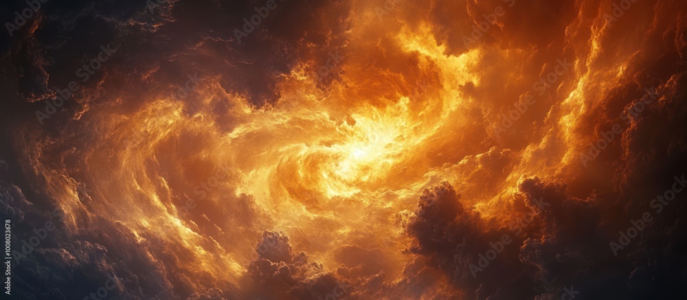 Poster fiery orange clouds swirl in the sky creating a vortex-like shape.