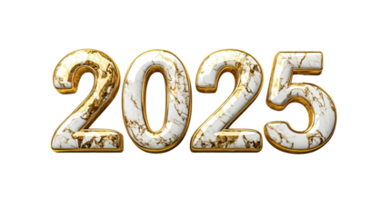 Golden metallic numbers 2025 with rough texture and shadowing on transparent background