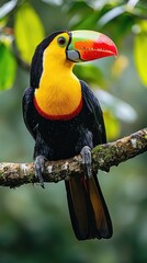 Fototapeta premium A vibrant toucan perched on a branch, showcasing its striking colors and unique beak amidst lush green foliage.