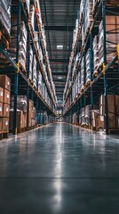 Fototapeta premium A well-organized warehouse with tall shelves filled with boxes, showcasing efficient storage and logistics in a commercial setting.