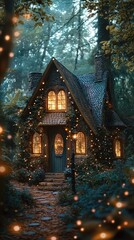 Obraz premium A whimsical cottage nestled in a misty forest, adorned with glowing lights, creating a magical atmosphere perfect for storytelling.