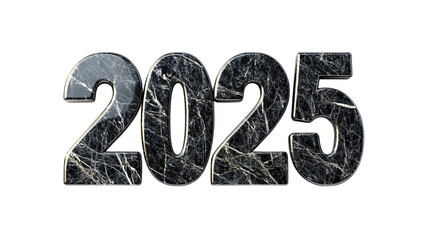 Silver chrome-textured numbers 2025 with reflective surface, depicting future year on transparent background