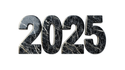 Silver chrome-textured numbers 2025 with reflective surface, depicting future year on transparent background