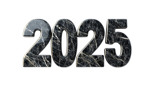 Silver chrome-textured numbers 2025 with reflective surface, depicting future year on transparent background